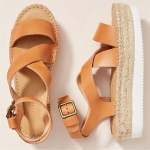 Soludos Olympia Tan Leather Platform Espadrille Sandals Size 10 EUC